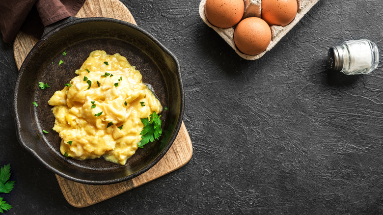 scrambled eggs in cast iron pan