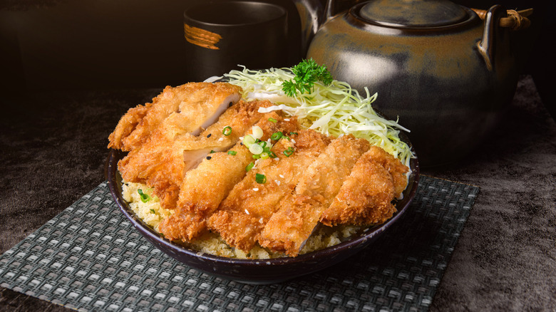 Chicken katsu on bowl of rice