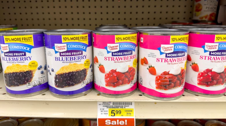 Canned pie filling on grocery store shelf