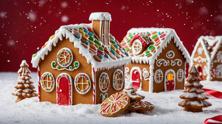 Gingerbread houses and trees with snow