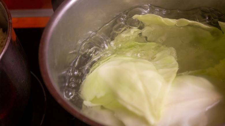 Cabbage boiling in metal pot