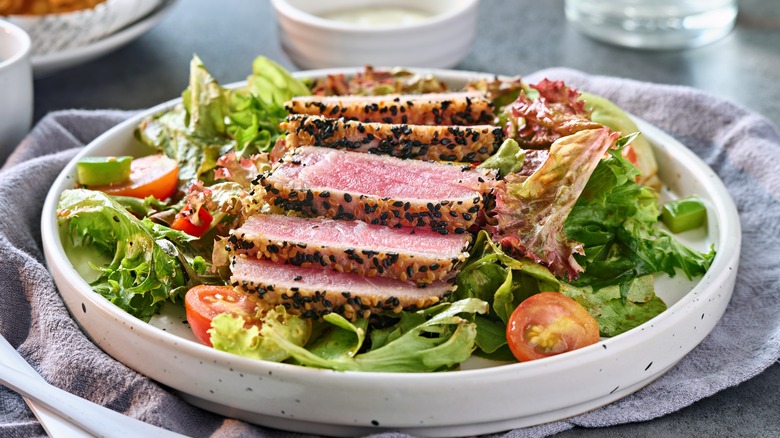 ahi tuna steak on a salad