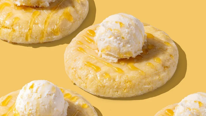 crumbl cornbread cookies on yellow background