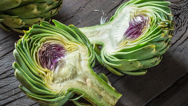 A globe artichoke cut in half