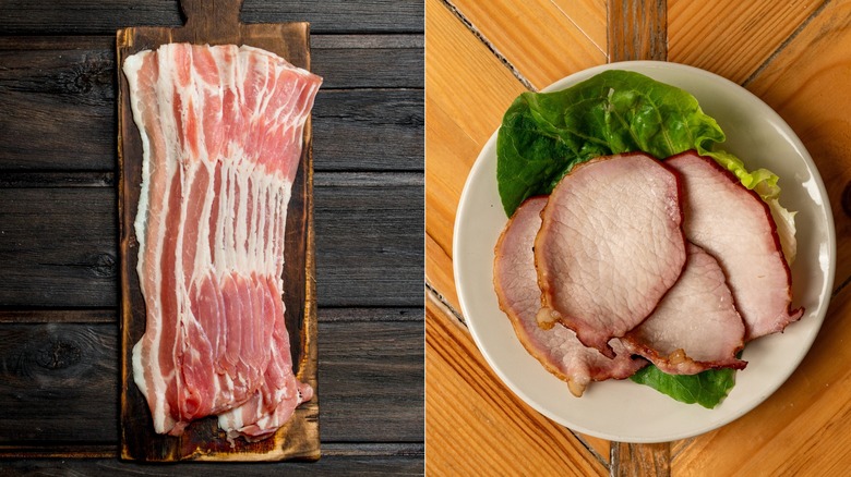 split image of raw American bacon and cooked Canadian bacon