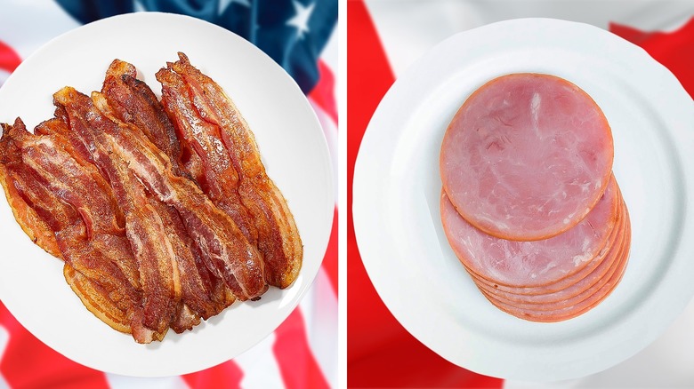 split image of American bacon and Canadian bacon