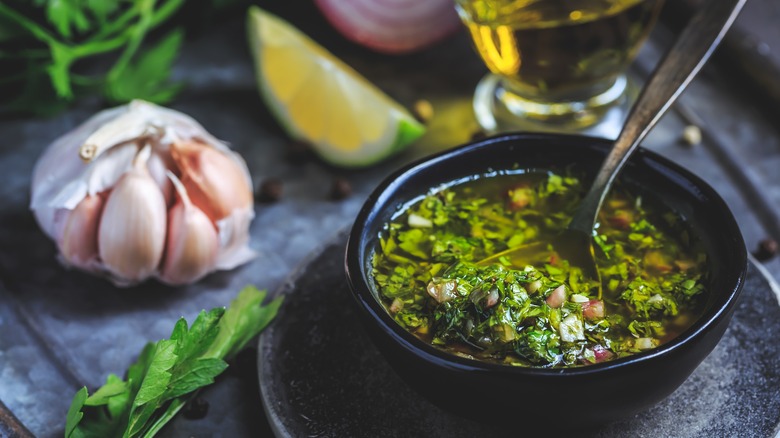 bowl chimichurri and ingredients