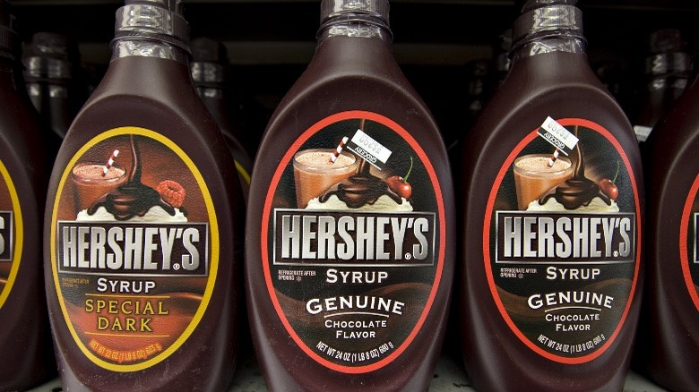 Bottles of Hershey's chocolate syrup