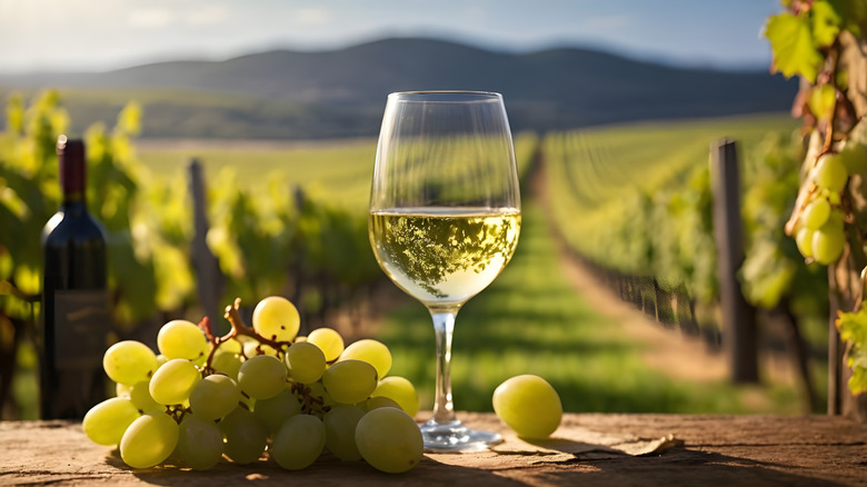 a glass of white wine and bunch of grapes with a vineyard backdrop