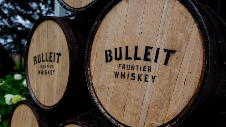 Barrels of Bulleit high-rye bourbon