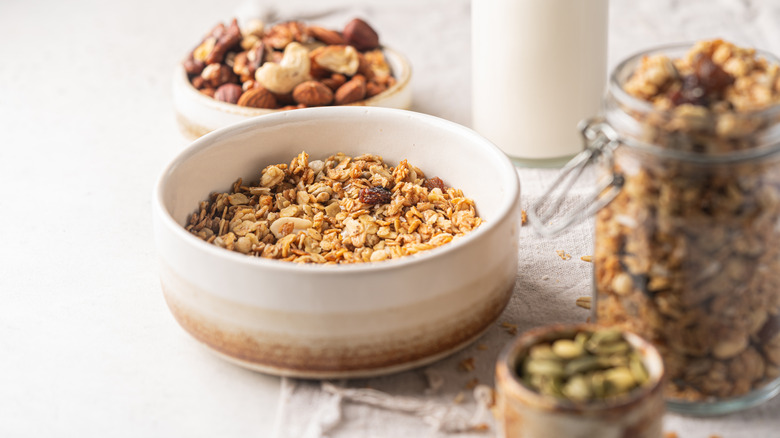 Homemade granola in a white bowl