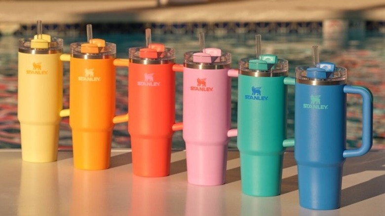 Six bright colored Stanley tumblers