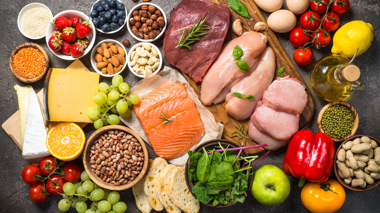 Assortment of Mediterranean foods and olive oil