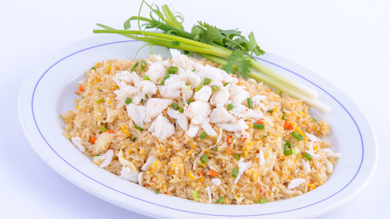 fried rice topped with crab