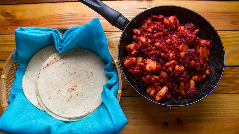 Skillet of potatoes and chorizo 