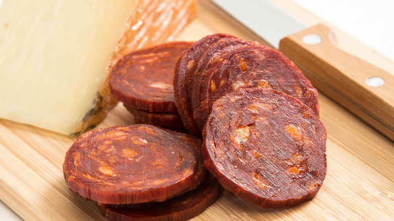 Sliced spanish chorizo with cheese 