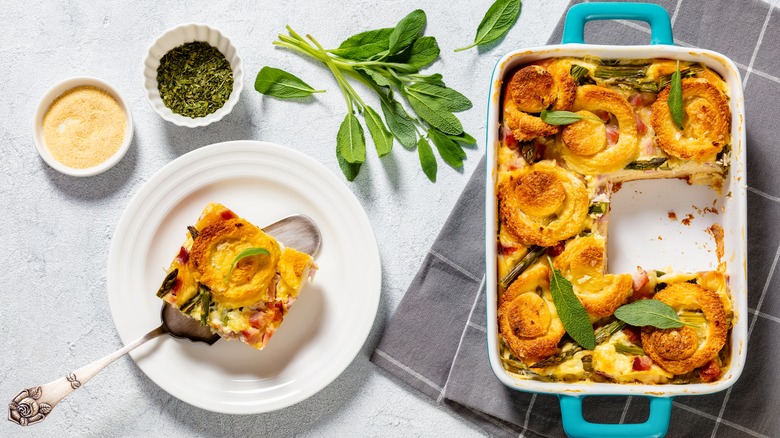 Casserole dish and plate of egg strata