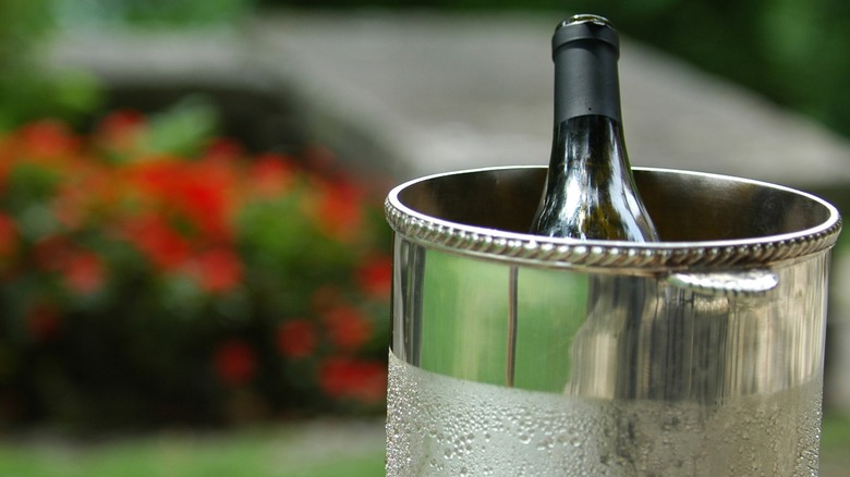 Bottle of wine in a silver bottle chiller outside