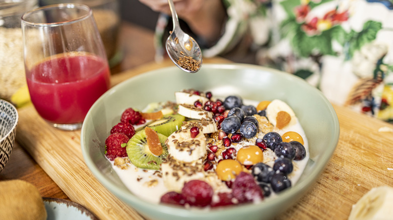 yogurt in bowl with flaxseed