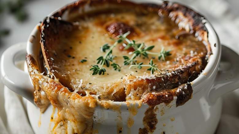 Crock of French onion soup