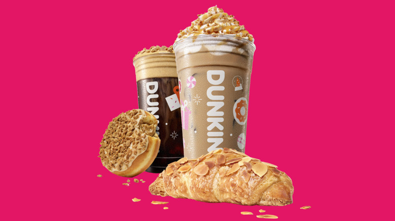 Two Dunkin' Signature Holiday Lattes and treats