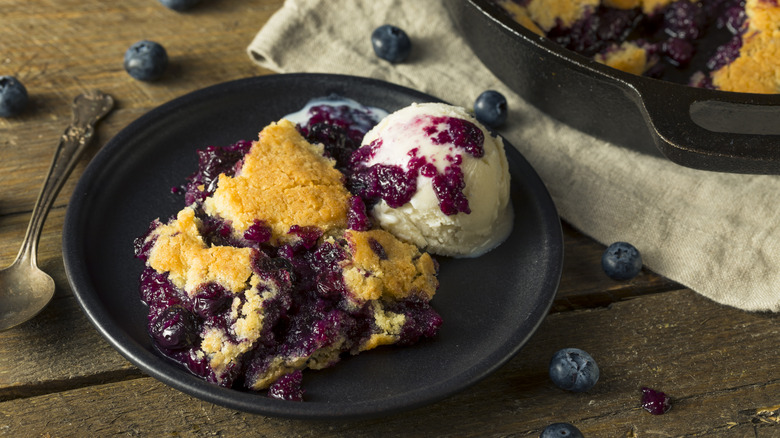 Blueberry cobbler in skillet