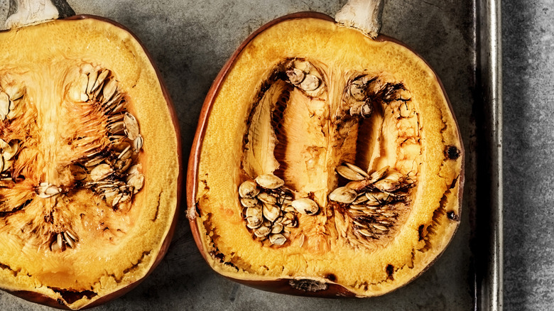 roasted pumpkin on a baking sheet