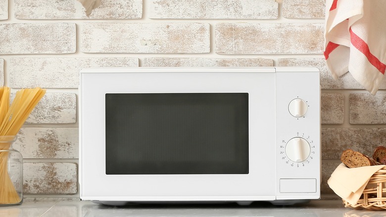 Microwave sitting on kitchen counter