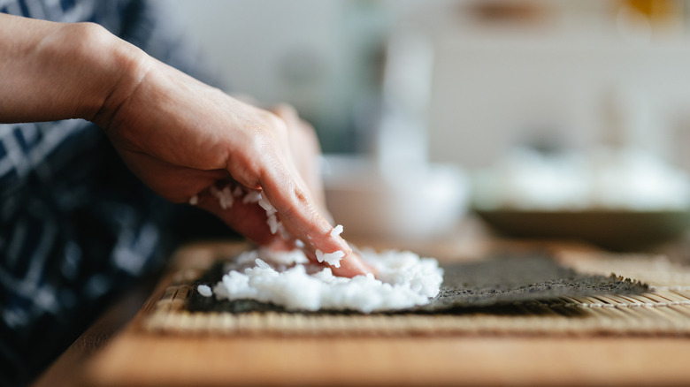 Sushi roll on bamboo mat