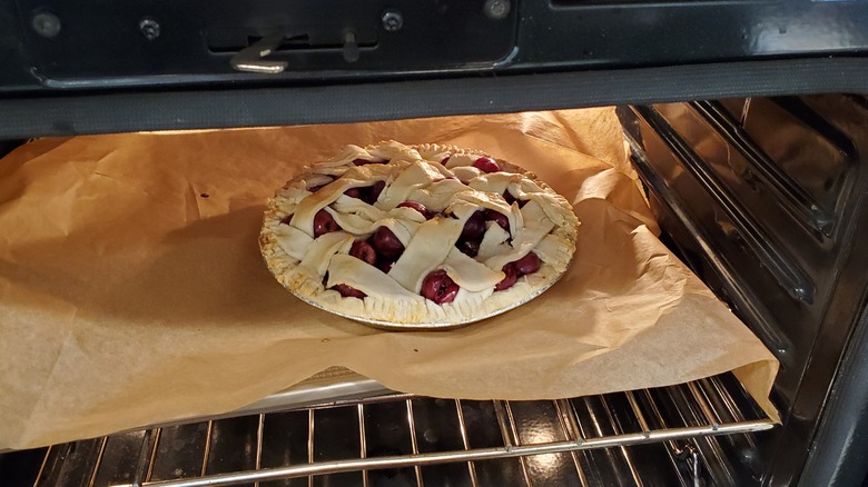 Pie baking on metal sheet