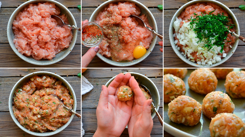 six pictures of steps of preparing meatballs