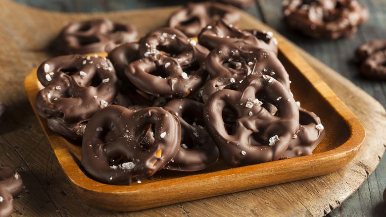 plate of chocolate covered pretzels