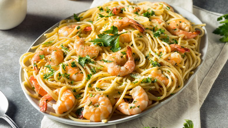 Shrimp scampi in white bowl