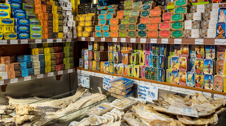 store display of canned fish 