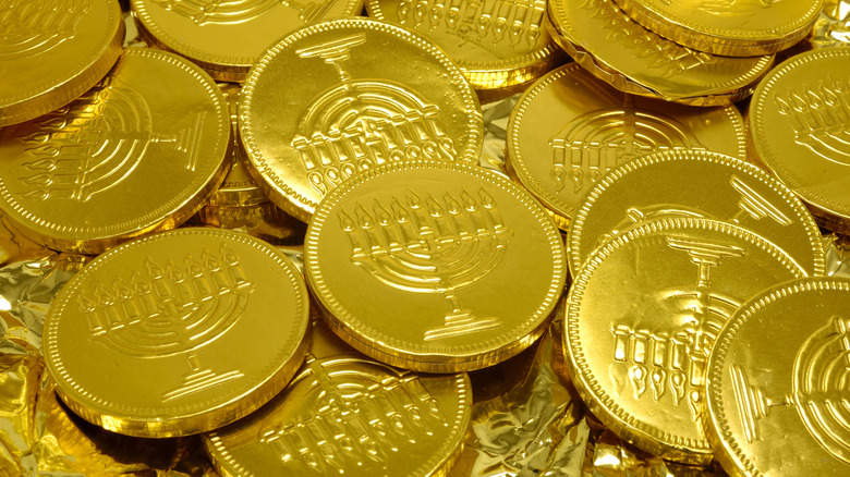 Pile of hanukkah gelt coins