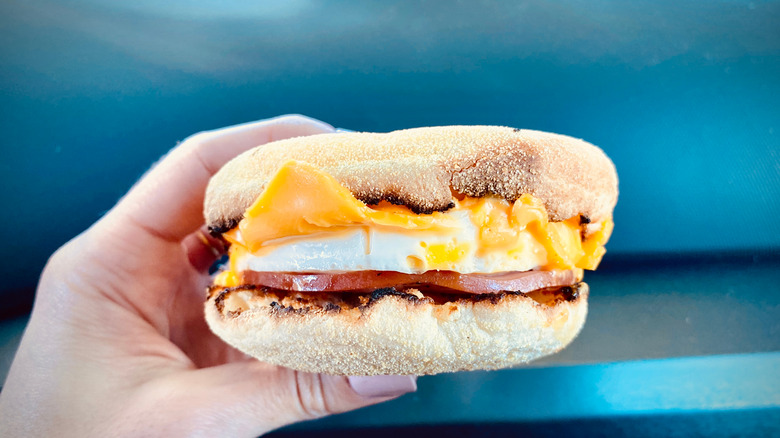 Ham, cheese, and egg on an english muffin