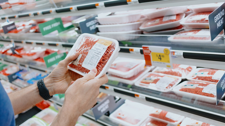 ground beef in supermarket fridge