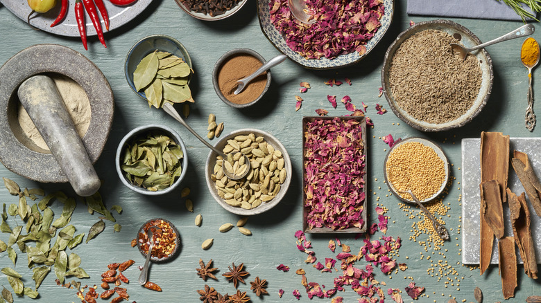 herbs and spices in bowls