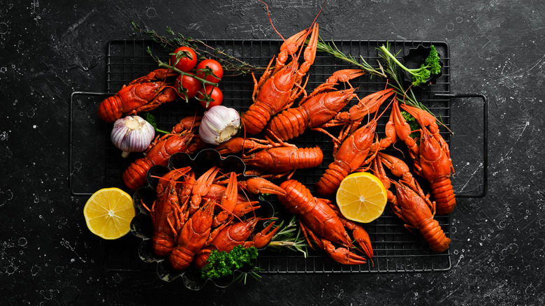 Steamed lobsters on a tray