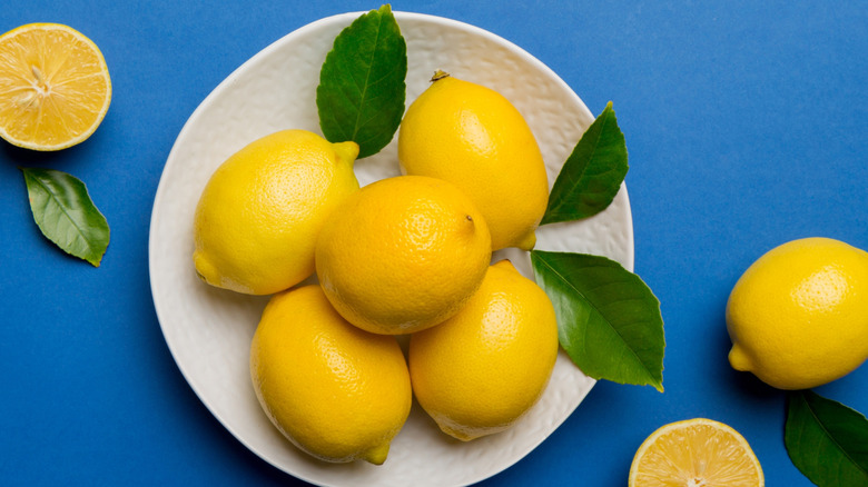 A plate of fresh lemons surrounded by whole and sliced lemons.