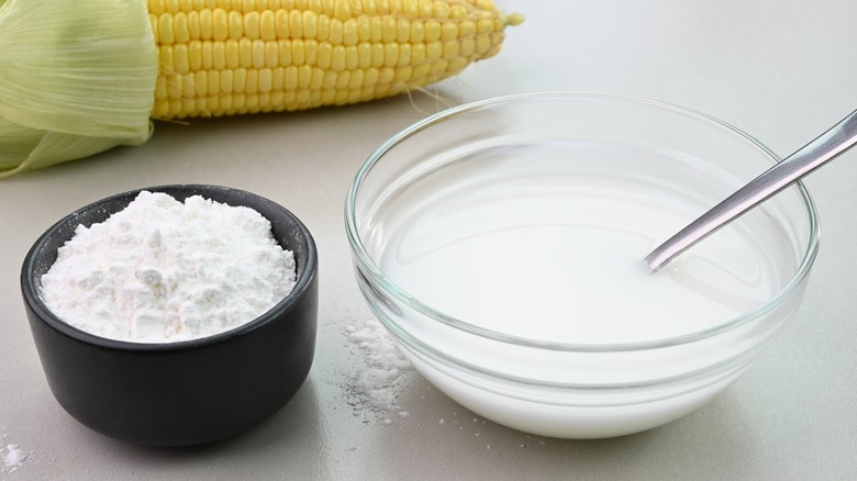 cornstarch and cornstarch slurry in two bowls