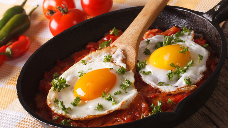 cooking huevos rancheros in skillet