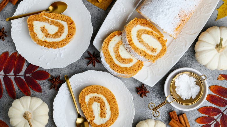 sliced pumpkin roll cake