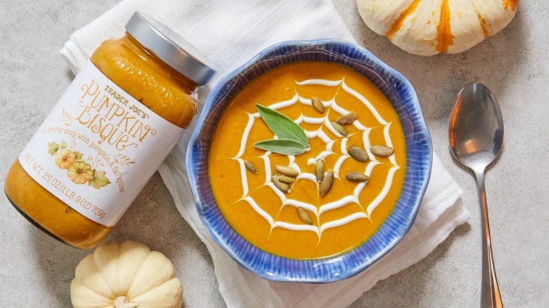 Trader Joe's Pumpkin Bisque soup in jar and poured into bowl