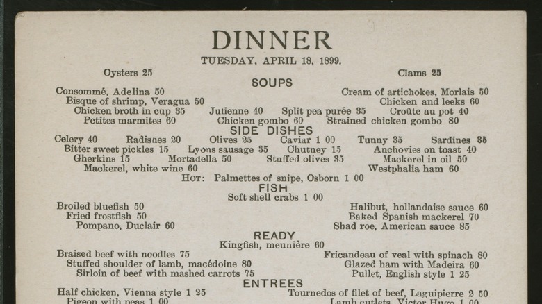 dinner menu from original Delmonico's