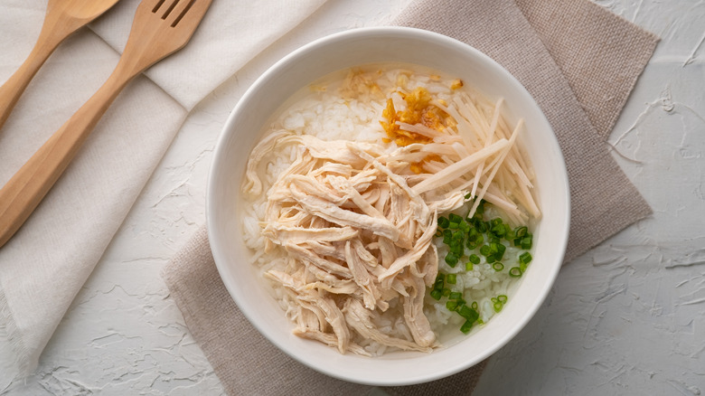 bowl of chicken and rice congee