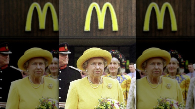 Queen Elizabeth in front of McDonald's