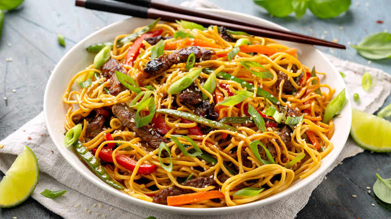 Stir fried noodles bowl closeup