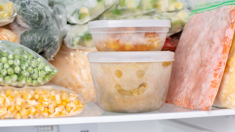 Soup in containers in freezer 