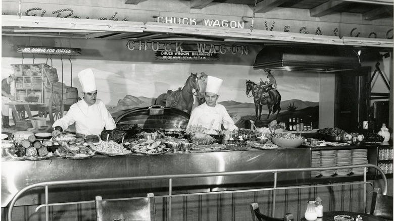 Black and white photo of chefs at the Chuck Wagon buffet in Las Vegas